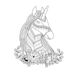 Unicorn in floral zentangle for adult coloring book page.vector illustration.