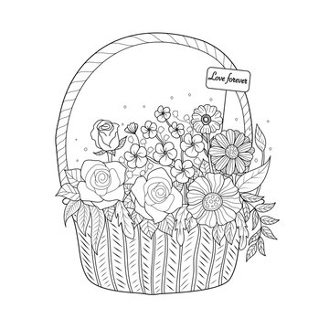 Coloring book page of flower basket for adult.Valentine's day. Vector illustration. Hand drawn. doodle style.