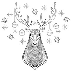Coloring book page of deer with christmas ball for adult. doodle style. vector illustration.Hand drawn.