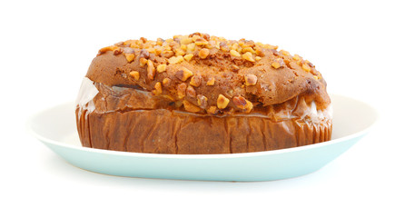 Isolated banana bread in plate on white