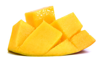 Slice of mango on a white background.