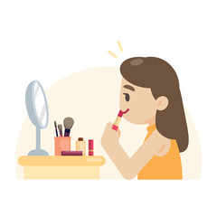 Young beautiful woman making makeup rouging her lips, vector illustration.