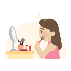 Young beautiful woman making makeup using a brush on face, vector flat design illustration.