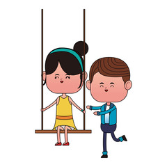 Boy pushing girlfriend on swing cartoon vector illustration graphic design