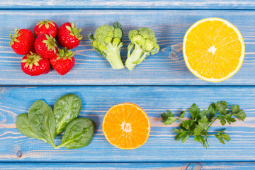 Fresh fruits and vegetables containing vitamin C, concept of strengthening immunity and healthy food