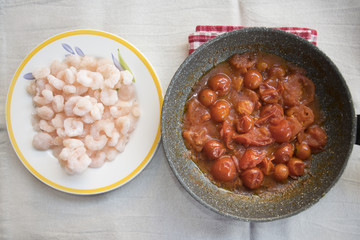 frozen prawns and browned tomato sauce