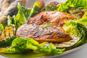 Chicken breast. Grill chicken breast with lettuce salad zucchini and radish