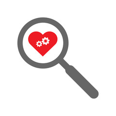 Mechanical red heart and magnifying glass. Transplantology concept. Vector icon.