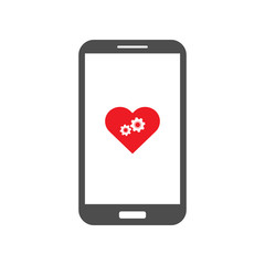 Smartphone with red mechanical heart icon on screen. Vector.