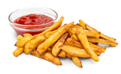 Heap of fried potato with ketchup on white background.