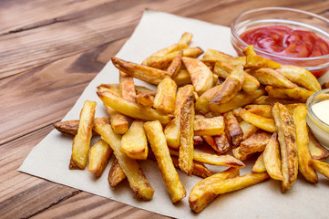 Heap of fried potato with with sauces on the table.