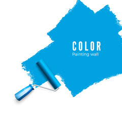 Paint roller brush. Color paint texture when painting with a roller.  Painting the wall in blue. Vector illustration isolated on white background - obrazy, fototapety, plakaty