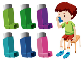 Boy with asthma with different asthma inhalers