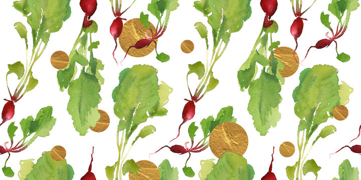 Vegetable garden banner with natural bio radish seamless pattern  for discount, sale. Fresh vegetable. Garden organic plant in cartoon flat watercolor style. Vegetarian concept design.
