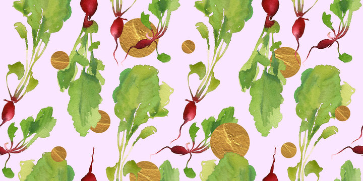 Vegetable garden banner with natural bio radish seamless pattern  for discount, sale. Fresh vegetable. Garden organic plant in cartoon flat watercolor style. Vegetarian concept design.