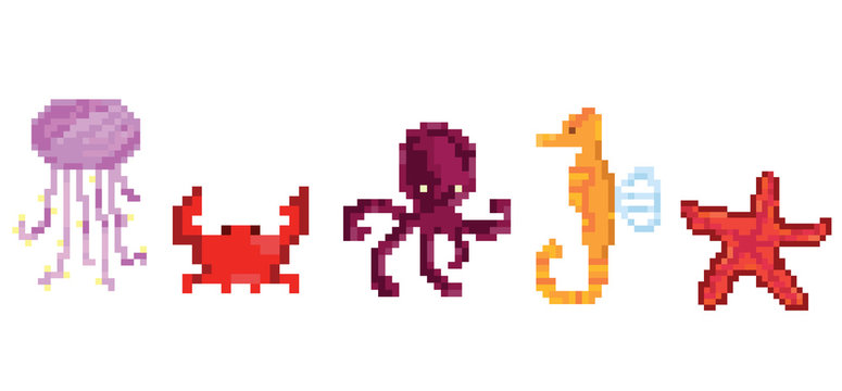 Pixel set sea animals. Pixel  octopus ,seahorse, crab, jellyfish, starfish. Vector illustration