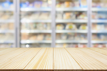 wood table with supermarket commercial refrigerators