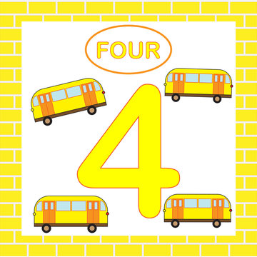 Flashcard number 4 (four), bus, transport. Educational card for children.