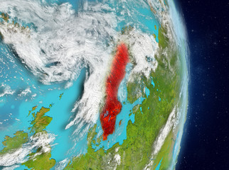 Orbit view of Sweden in red