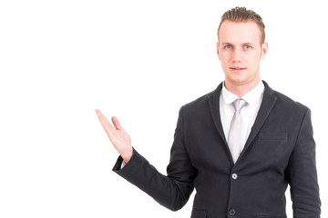 Businessman in black suit standing isolated on white background