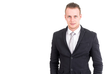Businessman in black suit standing isolated on white background