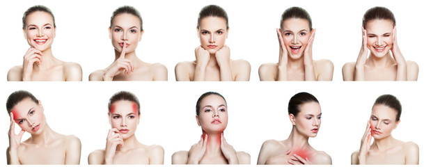 Set of female disease and health. Collage of young woman expressing different emotions, gesturing,...