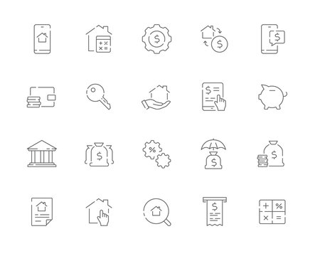 Simple set of Mortgage related vector line web icons. Contains such Icons as Bank, Property, Calculator, Money and more.