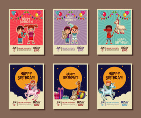 Set on birthday kids party invitation card vector illustration graphic design
