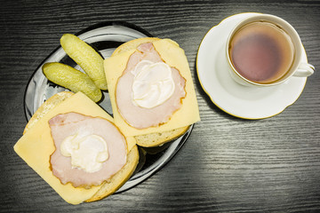Sandwiches with ham, cheese and mayonnaise. View from above.