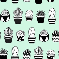 Vector seamless pattern. Hand drawn plants in pots on green background. Decorated cactus and succulents vector background. Brush drawn. Doodle cute house inter