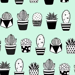 Wall murals Plants in pots Vector seamless pattern. Hand drawn plants in pots on green background. Decorated cactus and succulents vector background. Brush drawn. Doodle cute house inter