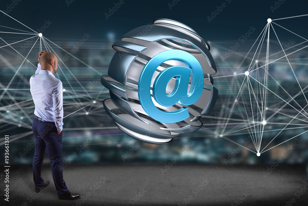 Poster businessman in front of an arobase symbol displayed in a sliced sphere - 3d rendering