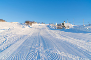View of snowy landscape and ski track in Beitostolen. Winter in Norway