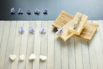 Soaps and blue flowers