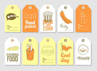 Fast Food Hand Drawn Tags Collection. Vintage Style Freehand Elements with Burger, Pop Corn and Sausage. Vector illustration
