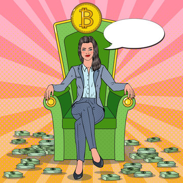 Pop Art Successful Business Woman Sitting on Throne with Bitcoin and Money Stacks. Crypto currency Market Concept. Vector illustration