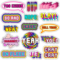 Set with decorative fashion patches: Neat, On fleek, Slay, Bae, etc. Slang acronyms, abbreviations. 80s-90s comic style.