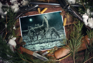 Illustration depicting, flock of wolves at night with the leader howls to the moon in the thematic environment.