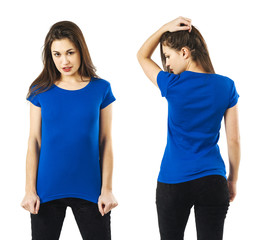 Sexy lady posing with blank blue shirt