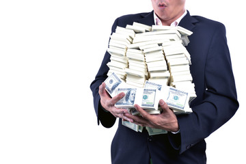 Young businessman With lots of money Based on success in business investment.