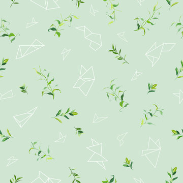 Floral Seamless Pattern with Tropical Leaves and Geometric Shapes. Natural Background for Fabric, Wallpaper, Decoration. Vector illustration