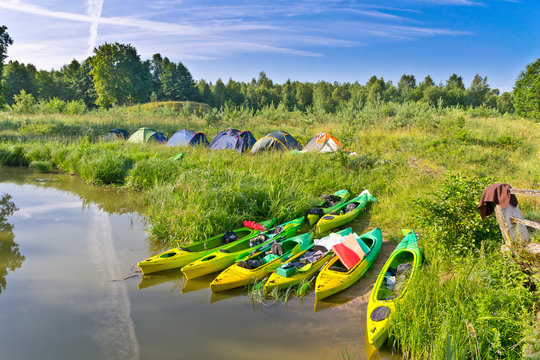 After kayak tour. Morning, the kayaks on the shore