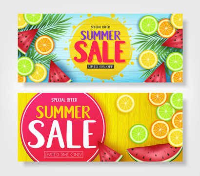 Fruity Summer Sale Colorful Banners with Watermelon, Orange, Lime and Lemon Tropical Fruits in Blue and Yellow Wooden Background Vector Illustration. For Promotional Purposes
