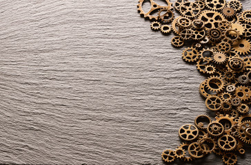 Various metal cogwheels and gear wheels