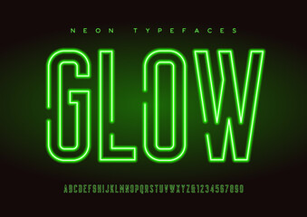 Glowing vector linear neon typefaces, alphabet, letters, font, t - obrazy, fototapety, plakaty