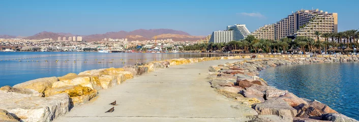 Fototapeten Morning view on Eilat - a famous Israeli city with beautiful sandy beaches, hot sun and clear blue skies, surrounded by stunning mountains and desert scenery  © sergei_fish13