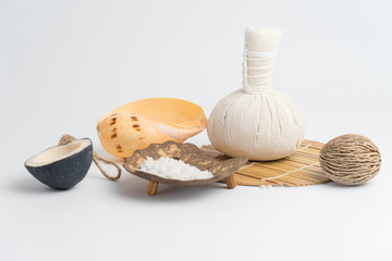 Aromatherapy  product  Spa set ,candle ,soap,coconut,flower,shell,  massage  with  white color   background .