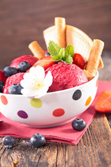 bowl of ice cream and biscuit