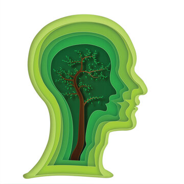 Abstract origami layer of human head and tree brain on green background as business, science, ecology idea, paper carve art and craft style concept. vector illustration.