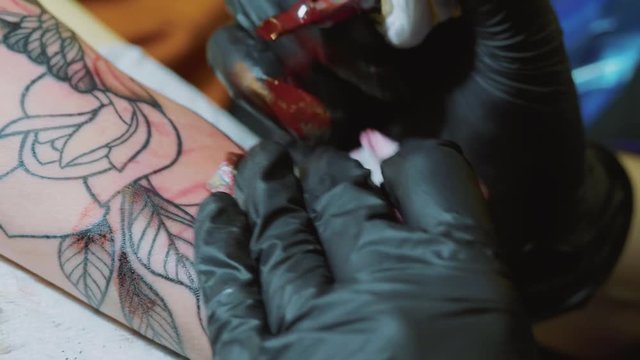Professional master is painting tattoo with red ink, fills drawing with color. Works in black latex gloves with handmade rotor gun machine in studio. 4k